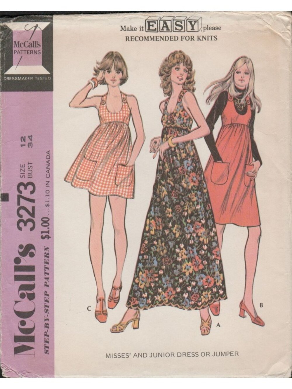 McCall's 3273 Easy Boho Empire Waist Festival Dress 1970s Pattern Size 12 Uncut